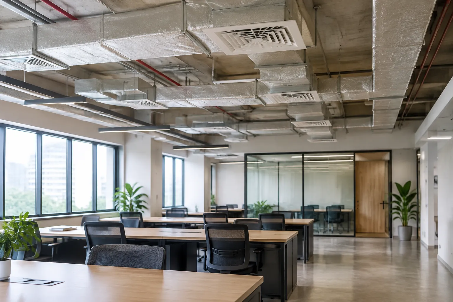 Saluran udara dan kisi plafon terlihat di atas ruang kantor