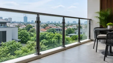 Balkon rumah dengan pagar kaca dan logam