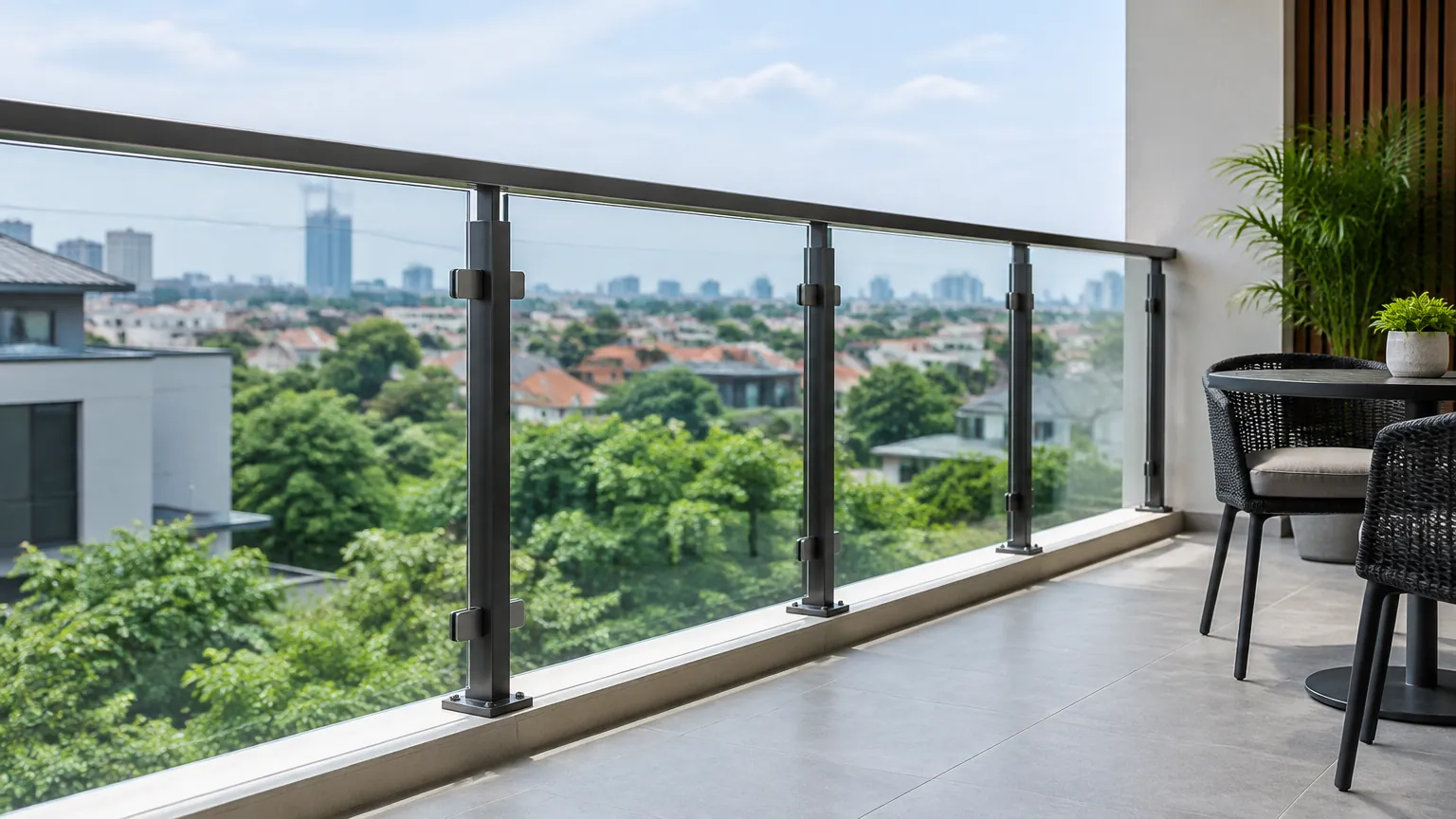 Balkon rumah dengan pagar kaca dan logam