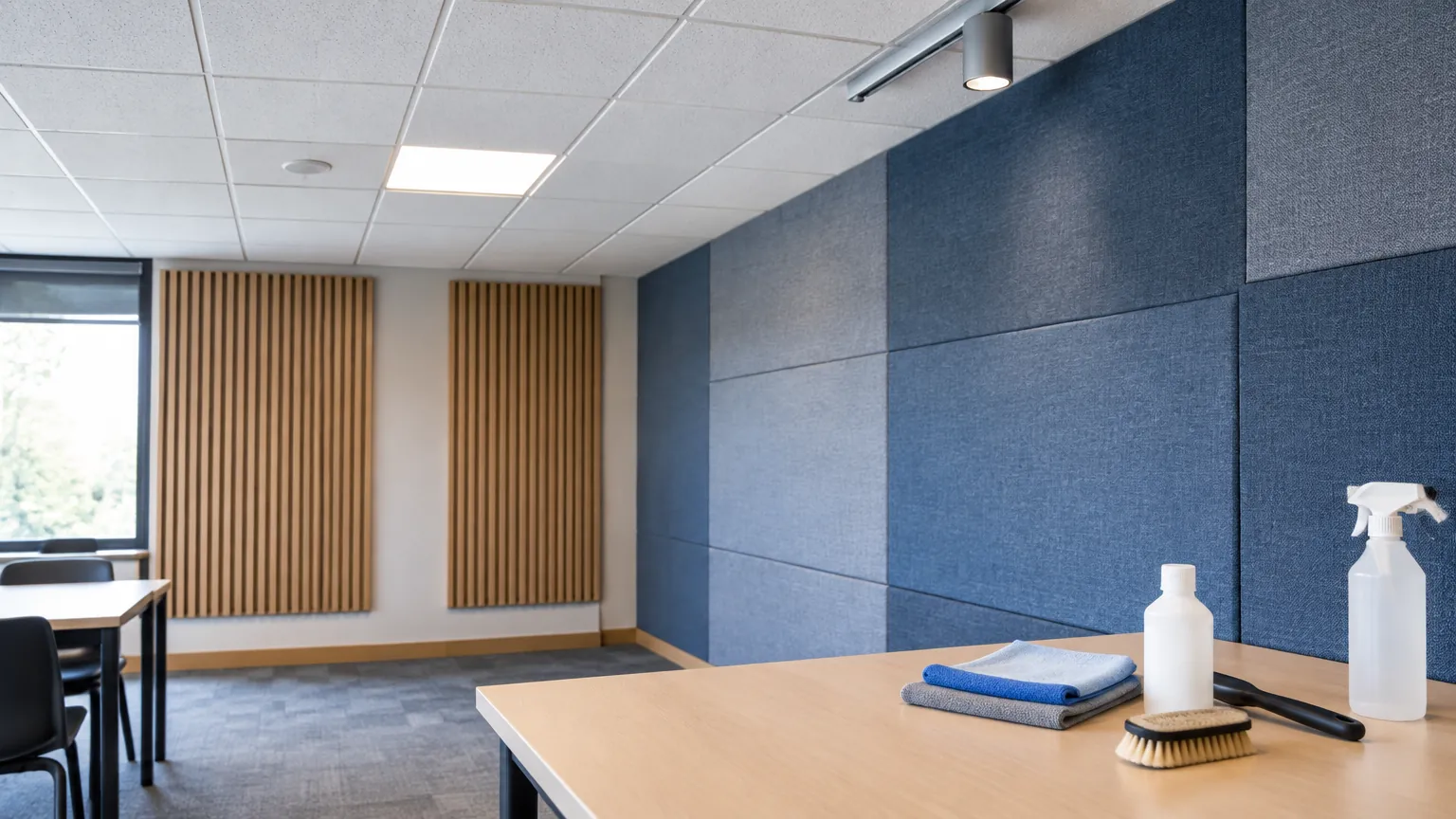 Panel akustik biru pada dinding ruang kerja