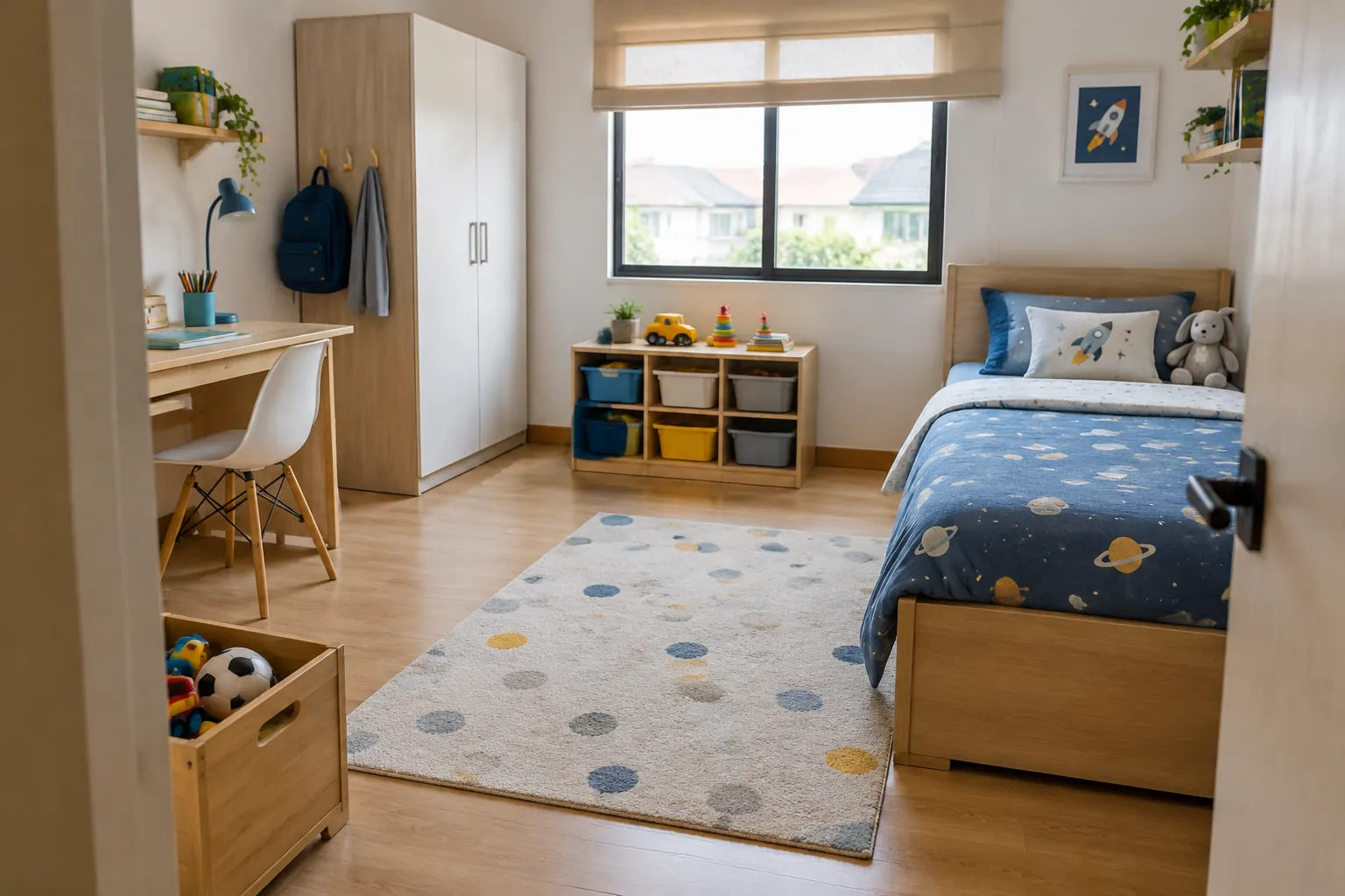 Jalur dari pintu menuju meja dan tempat tidur kamar anak