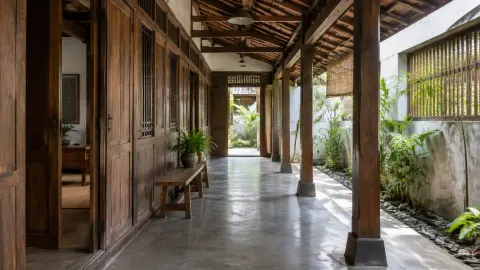 Lorong rumah kayu tradisional dengan tiang dan atap terbuka