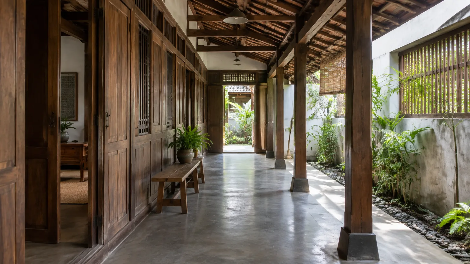 Lorong rumah kayu tradisional dengan tiang dan atap terbuka