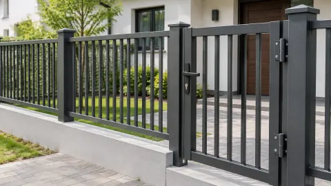 Pagar besi gelap di depan rumah dengan gerbang