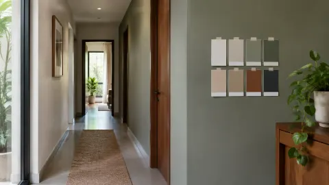 Lorong sempit dengan beberapa contoh warna ditempel pada dinding