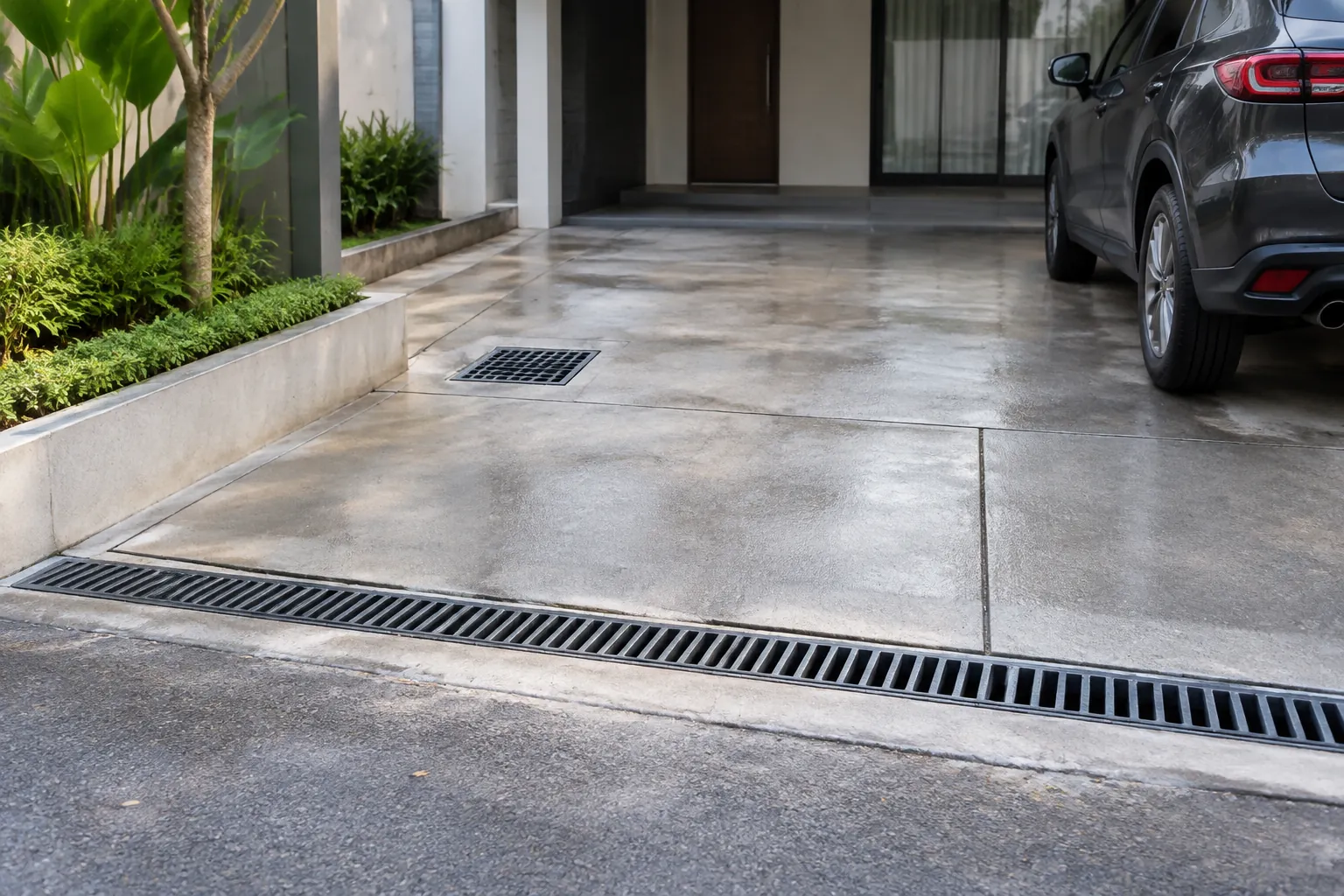 Saluran linear melintasi carport yang basah