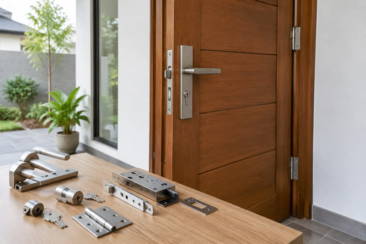 Beberapa contoh engsel, gagang, dan kunci di depan pintu kayu