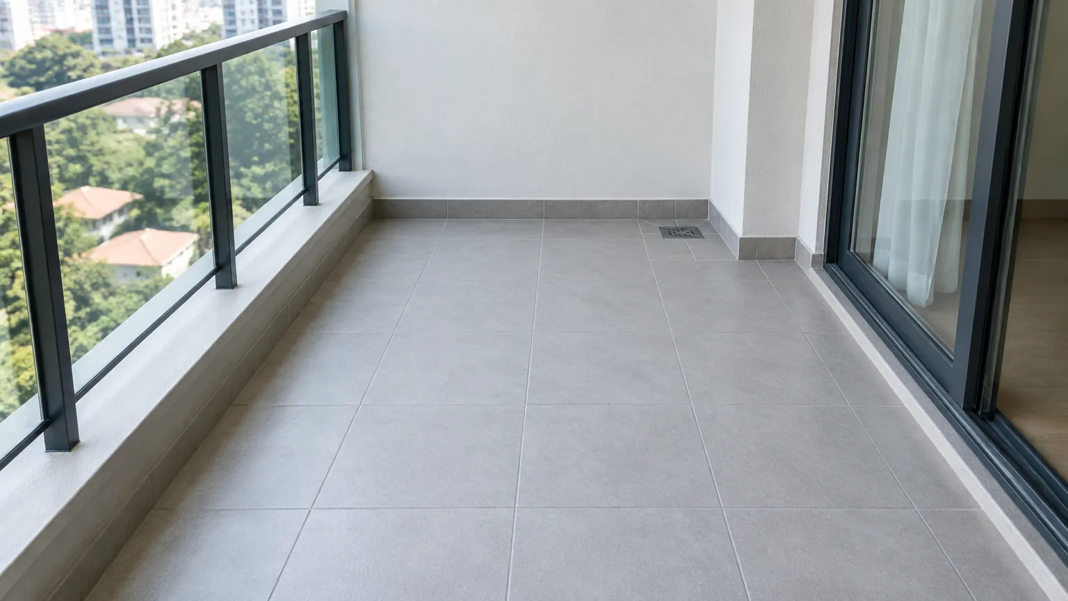 Balkon kosong dengan lantai keramik dan railing kaca
