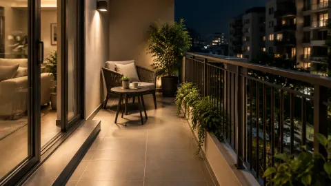 Balkon pada malam hari dengan lampu dinding dan tanaman