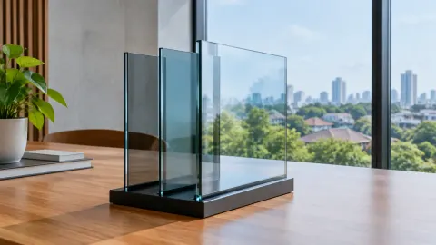 Beberapa contoh panel kaca di atas meja dekat jendela