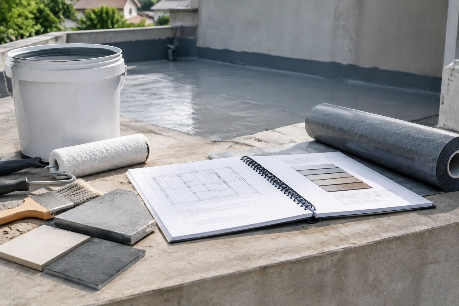 Rencana kerja dan contoh bahan waterproofing diletakkan di teras