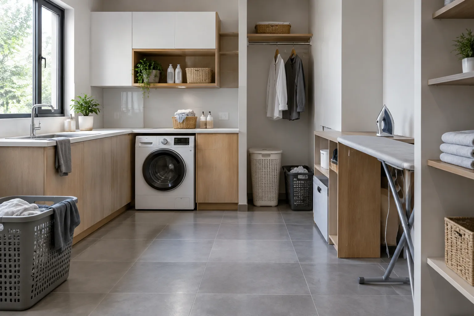 Mesin cuci, bak cuci, dan rak tersusun di ruang laundry