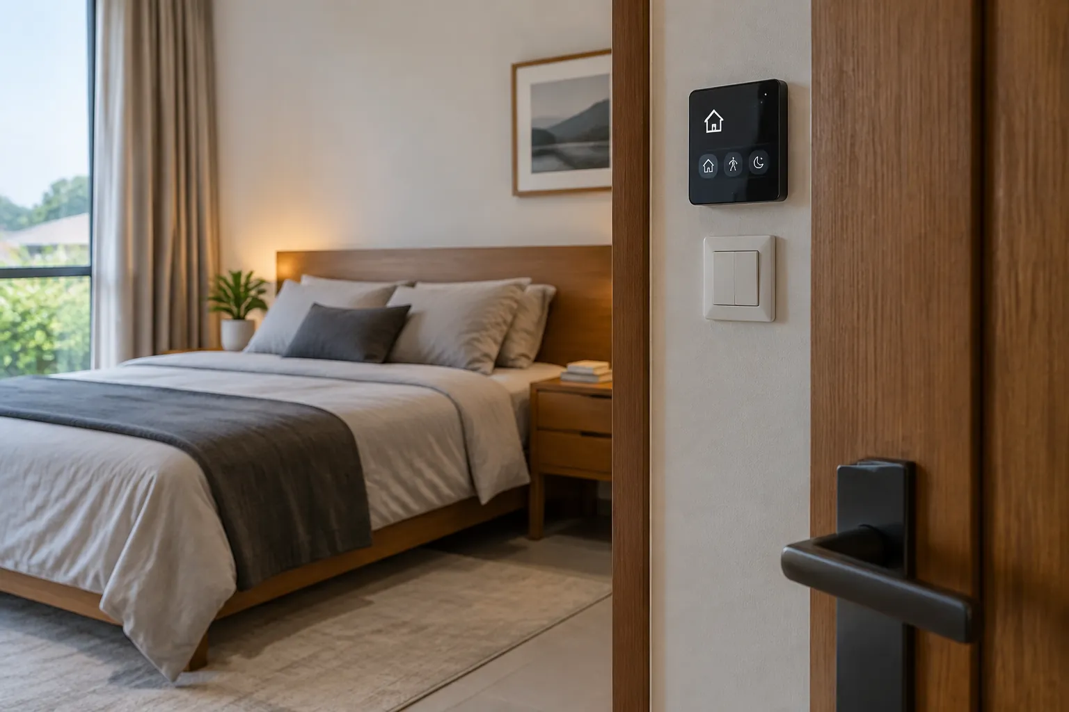 Panel kontrol dekat pintu kamar tidur dan tempat tidur di dalam
