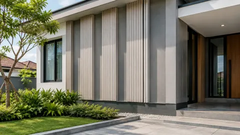 Fasad rumah dengan panel vertikal dan dinding abu-abu