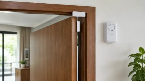 Sensor dan perangkat kecil di atas kusen pintu kayu