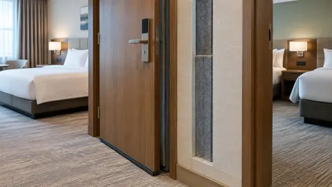 Pintu kayu kamar penginapan dan jalur ke ruang sebelah