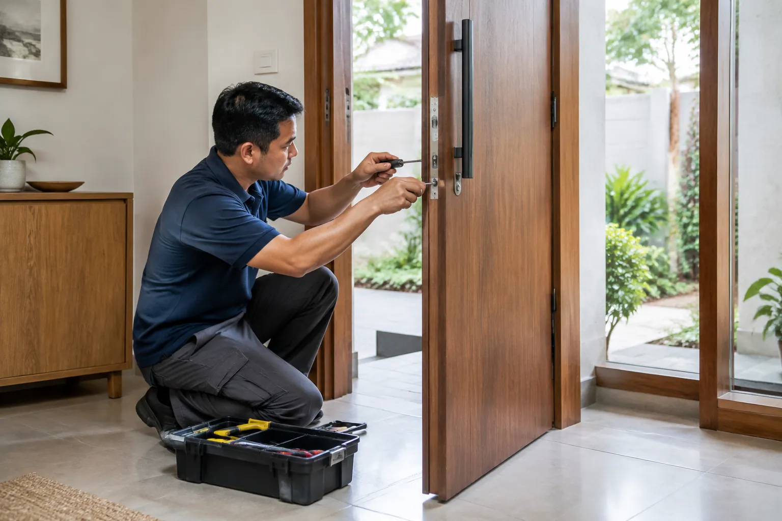 Teknisi memeriksa perangkat pintu sebelum pekerjaan lanjutan