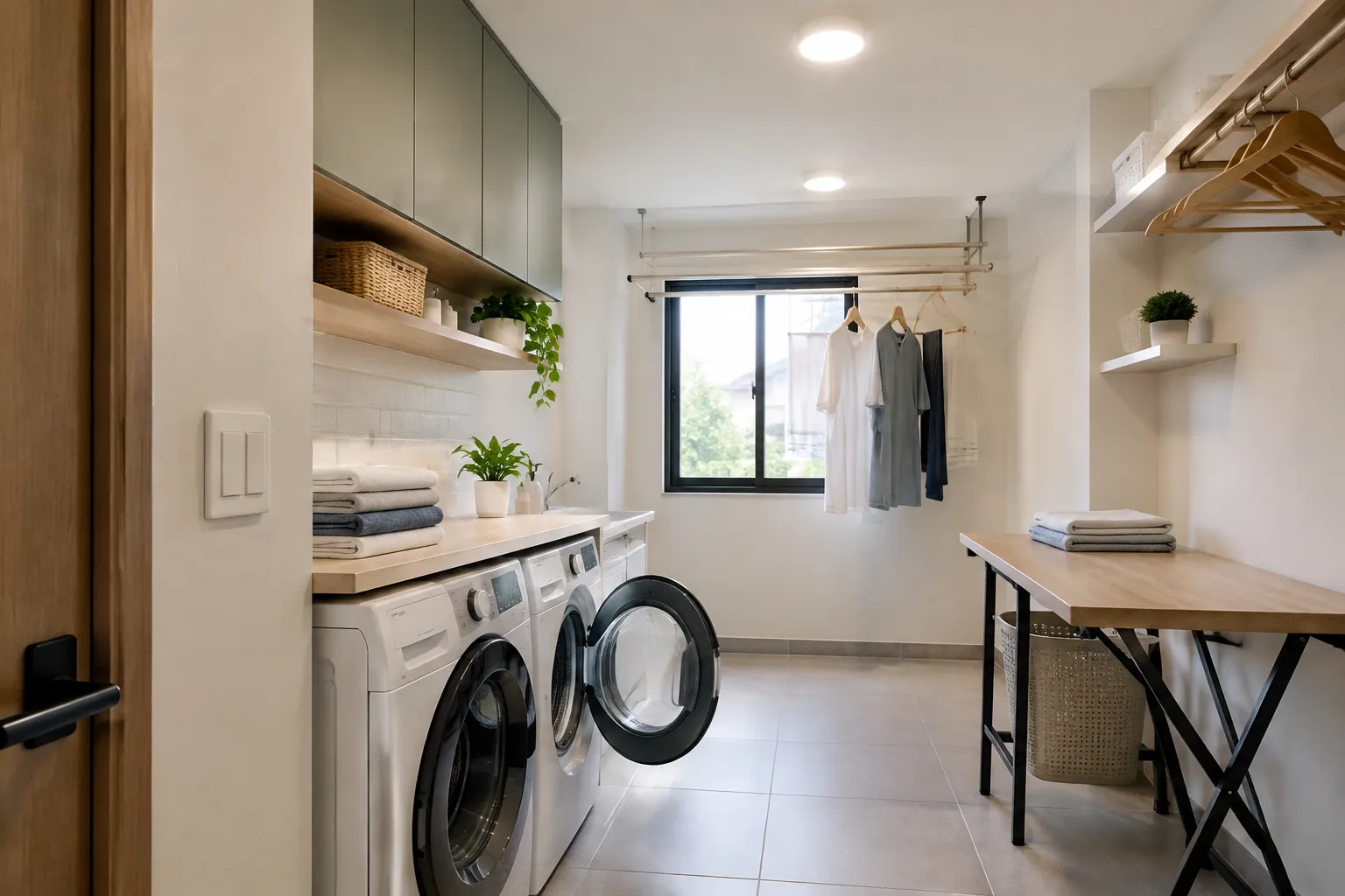 Mesin cuci dan meja lipat pada ruang laundry terang