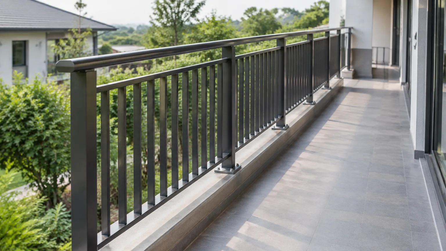 Railing logam pada balkon panjang luar ruang