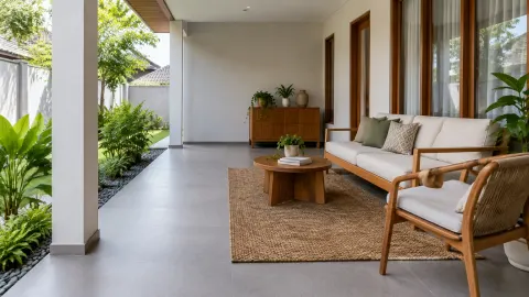 Teras beratap dengan sofa dan meja kecil
