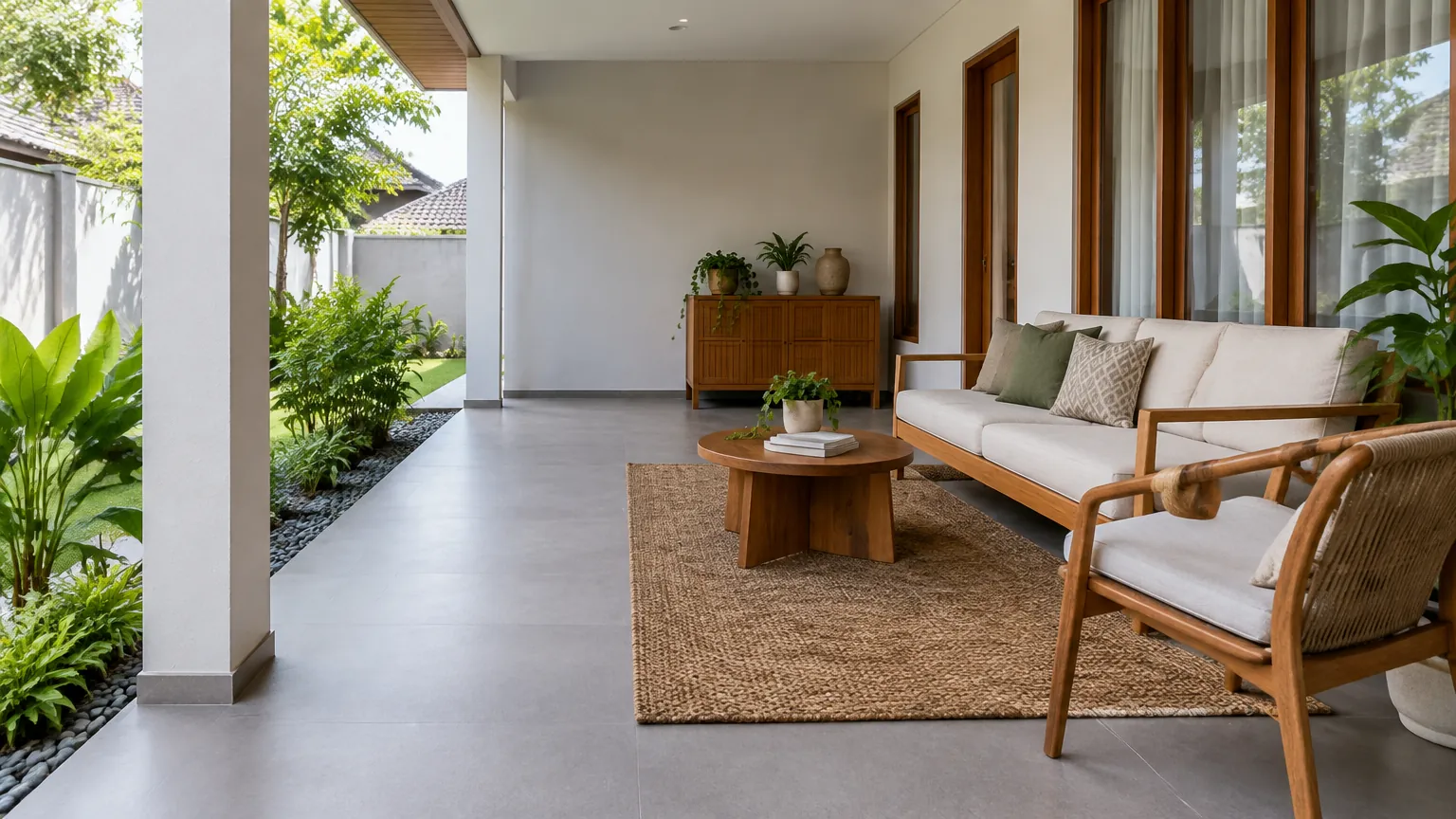 Teras beratap dengan sofa dan meja kecil