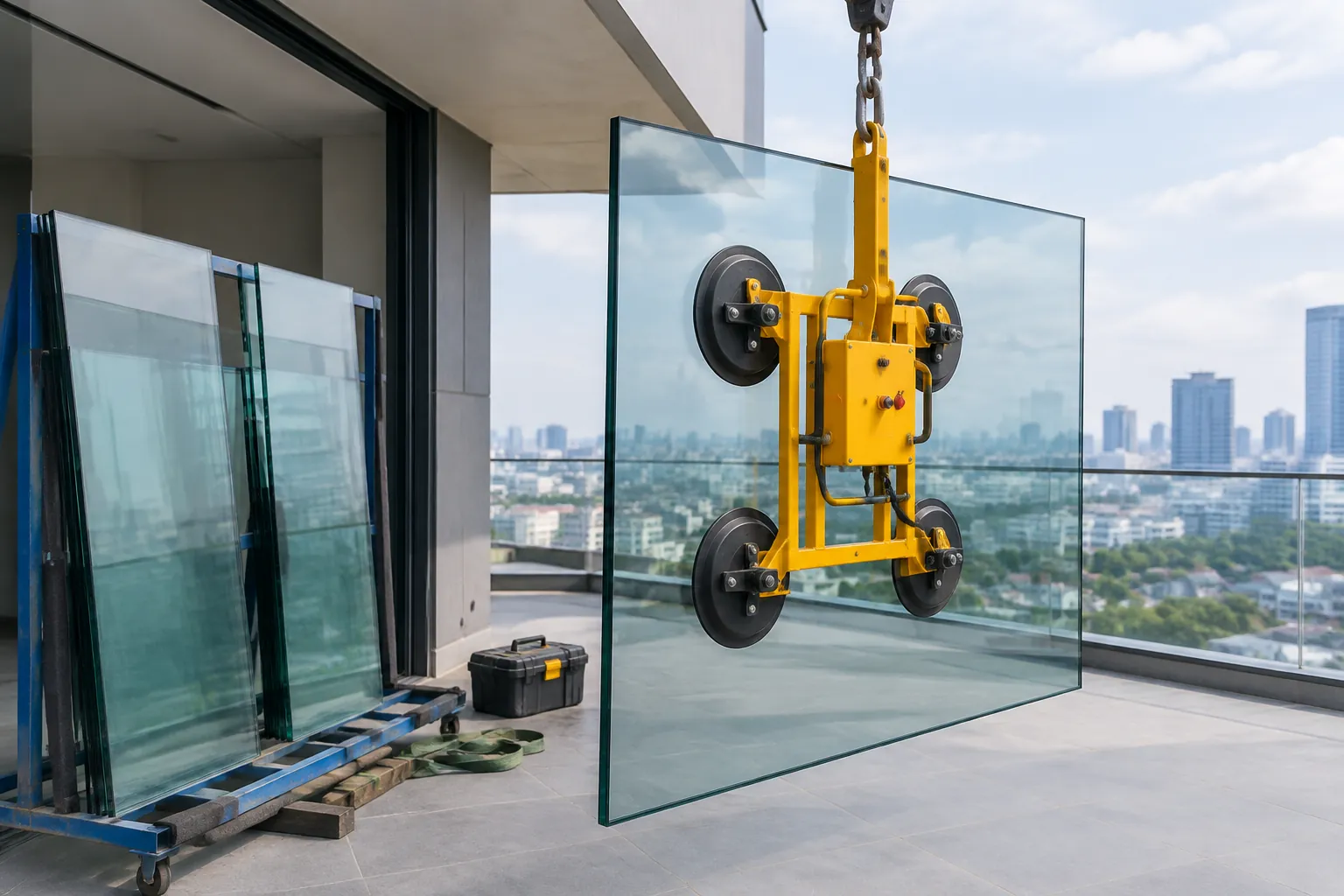 Panel kaca besar diangkat dengan alat bantu pada balkon