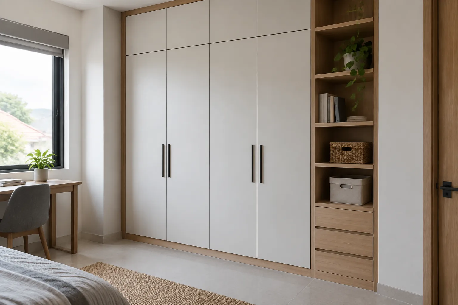 Lemari tertutup dan rak terbuka built-in pada dinding kamar