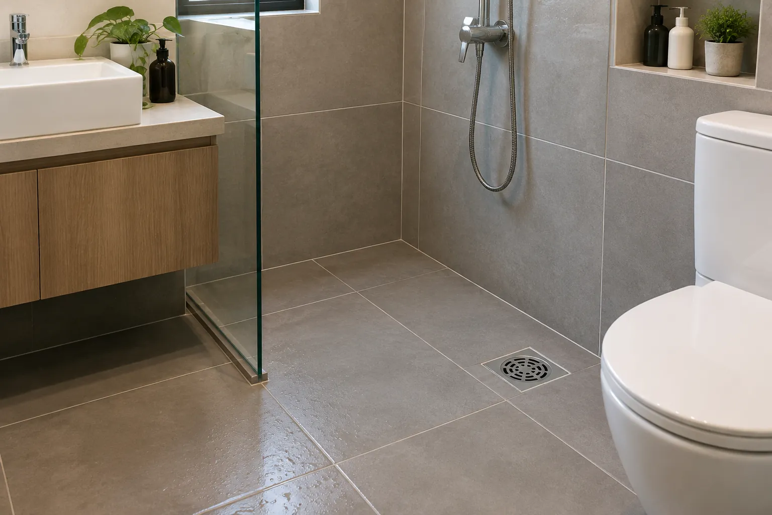 Kamar mandi dengan wastafel, shower, dan dua saluran lantai
