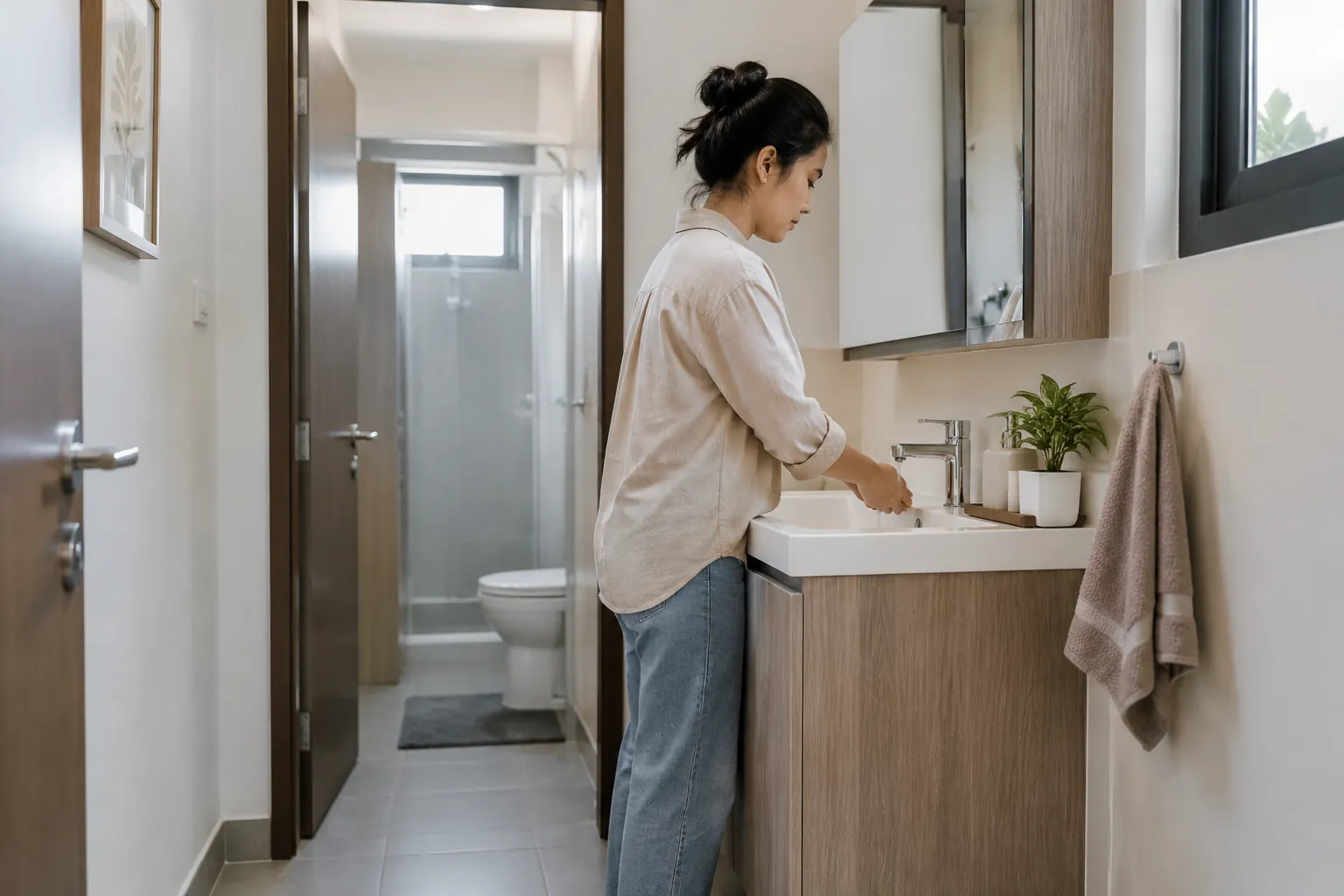 Pengguna mencoba wastafel pada kamar mandi yang sempit
