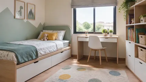 Kamar anak dengan tempat tidur dan meja belajar dekat jendela