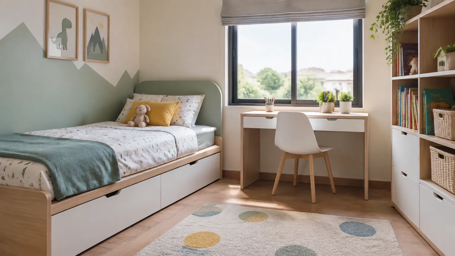 Kamar anak dengan tempat tidur dan meja belajar dekat jendela