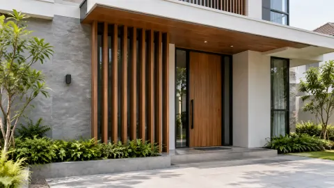 Fasad rumah dengan bilah kayu tegak di samping pintu