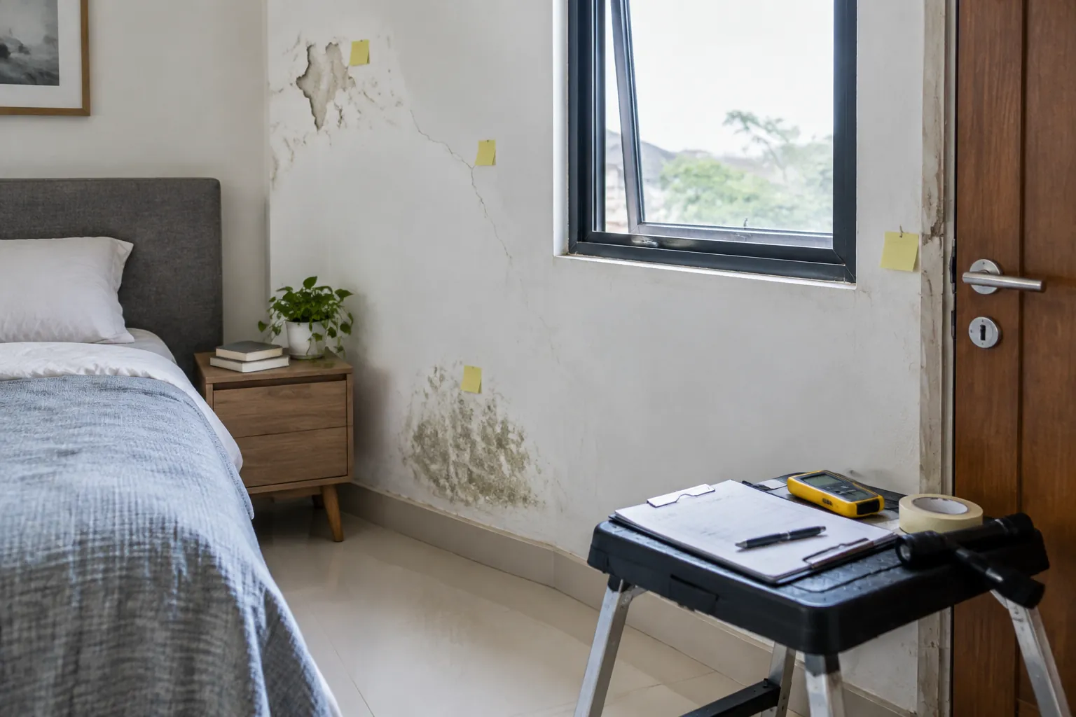 Bagian bawah dinding kamar mengelupas dekat jendela