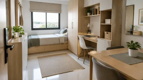 Ruang kecil dengan tempat tidur, meja kerja, dan lemari