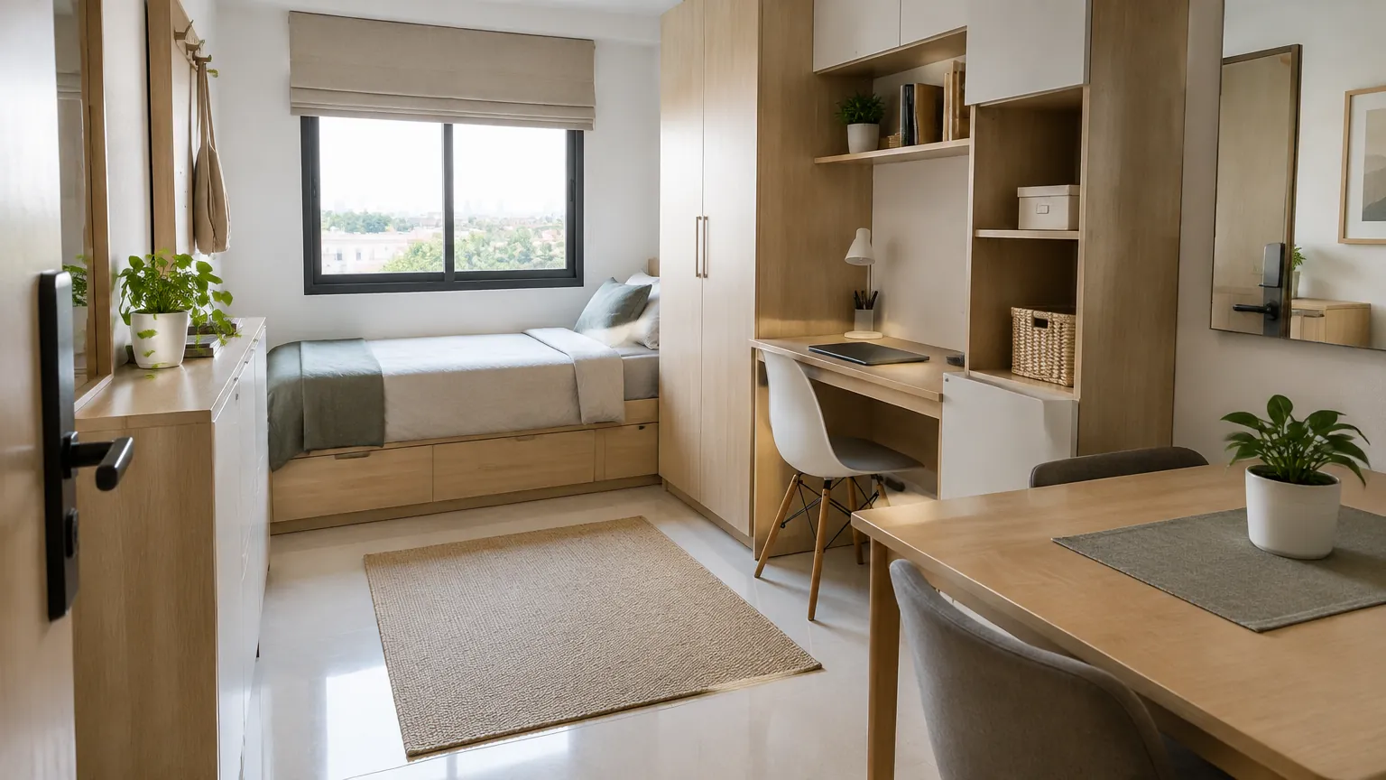 Ruang kecil dengan tempat tidur, meja kerja, dan lemari
