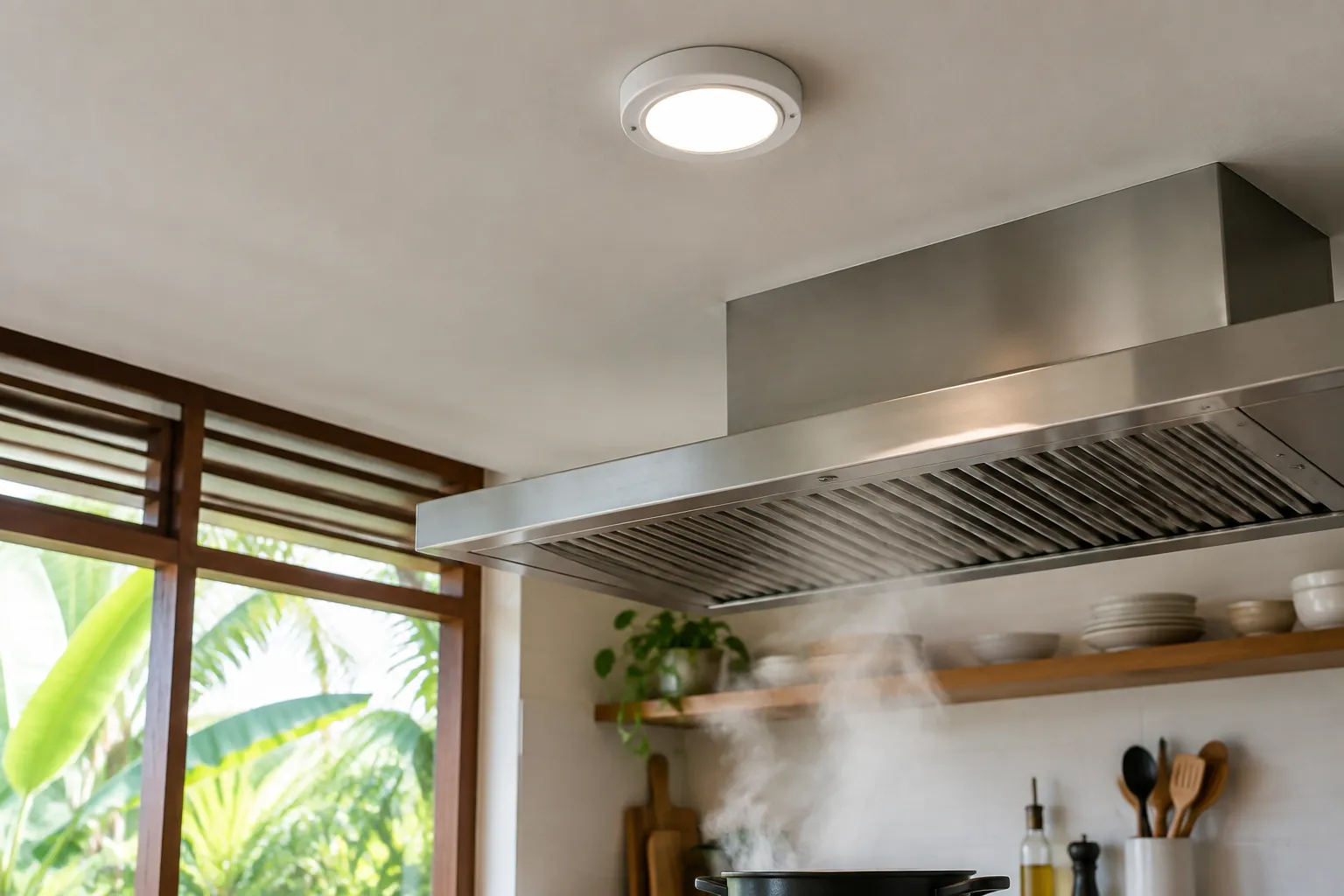 Lampu plafon dan pengisap asap di atas kompor dapur