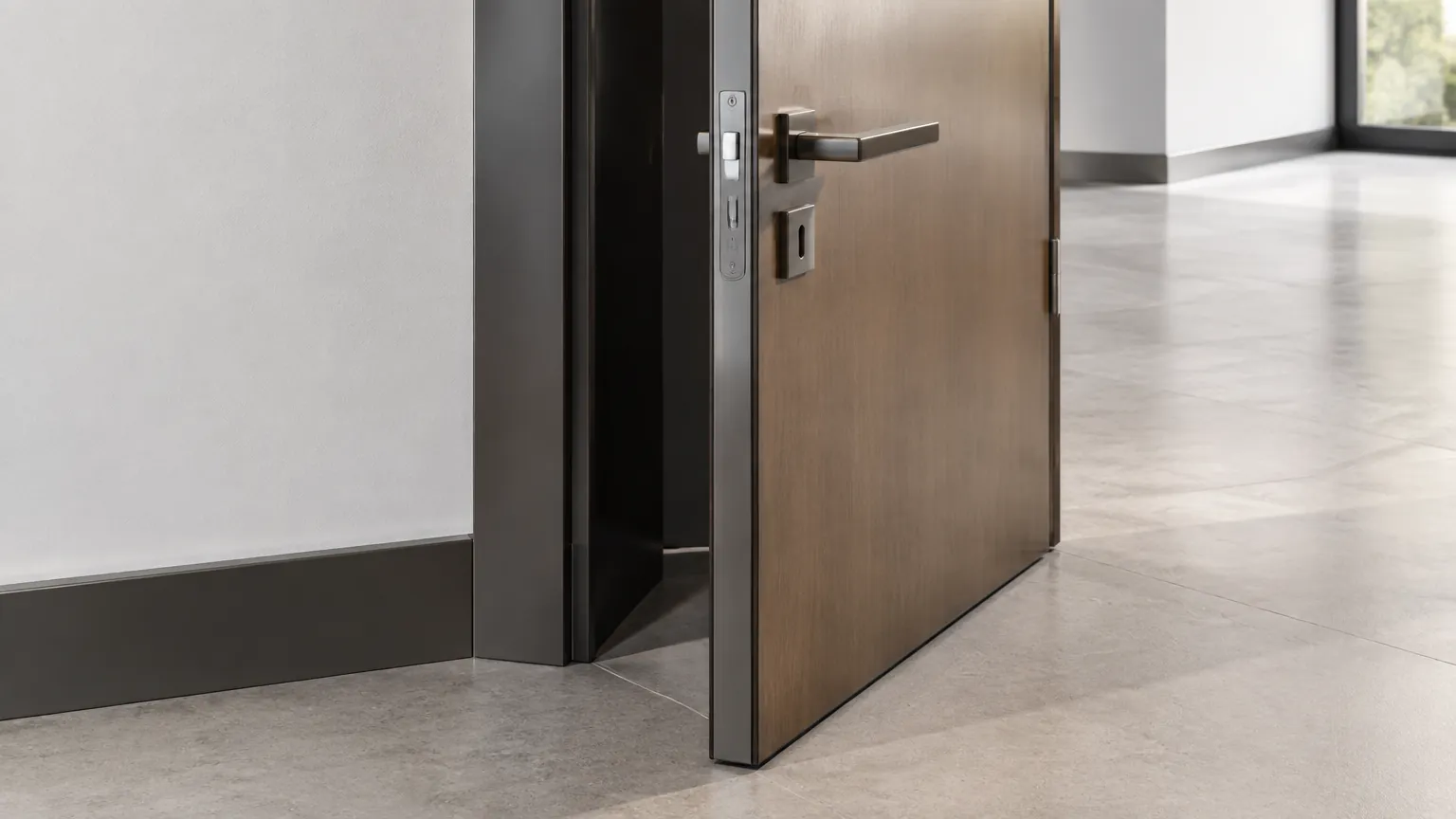 Pintu kayu dengan trim logam pada tepi bukaan