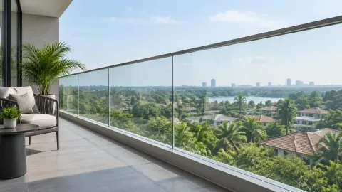 Railing kaca bening pada tepi balkon