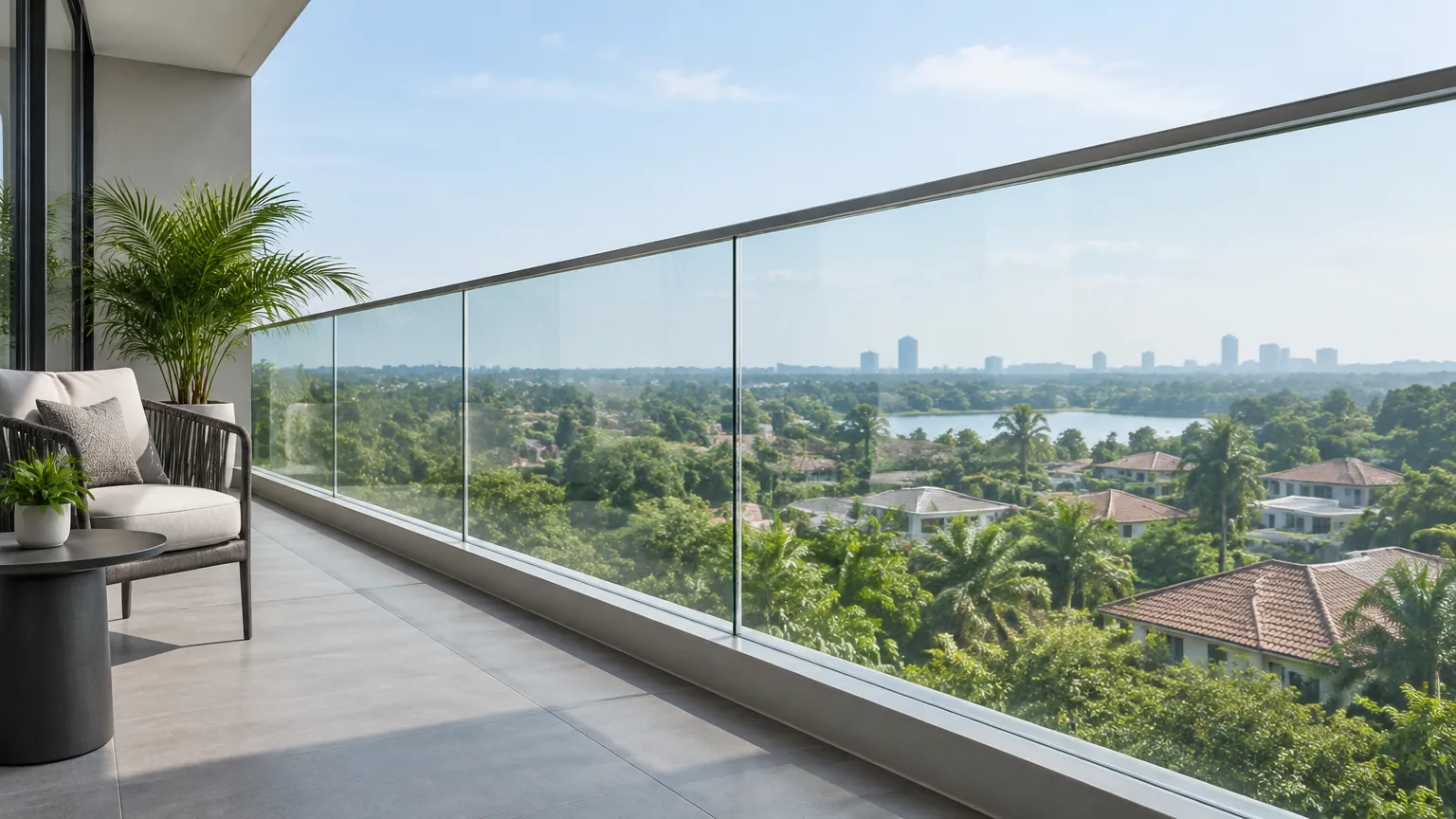 Railing kaca bening pada tepi balkon