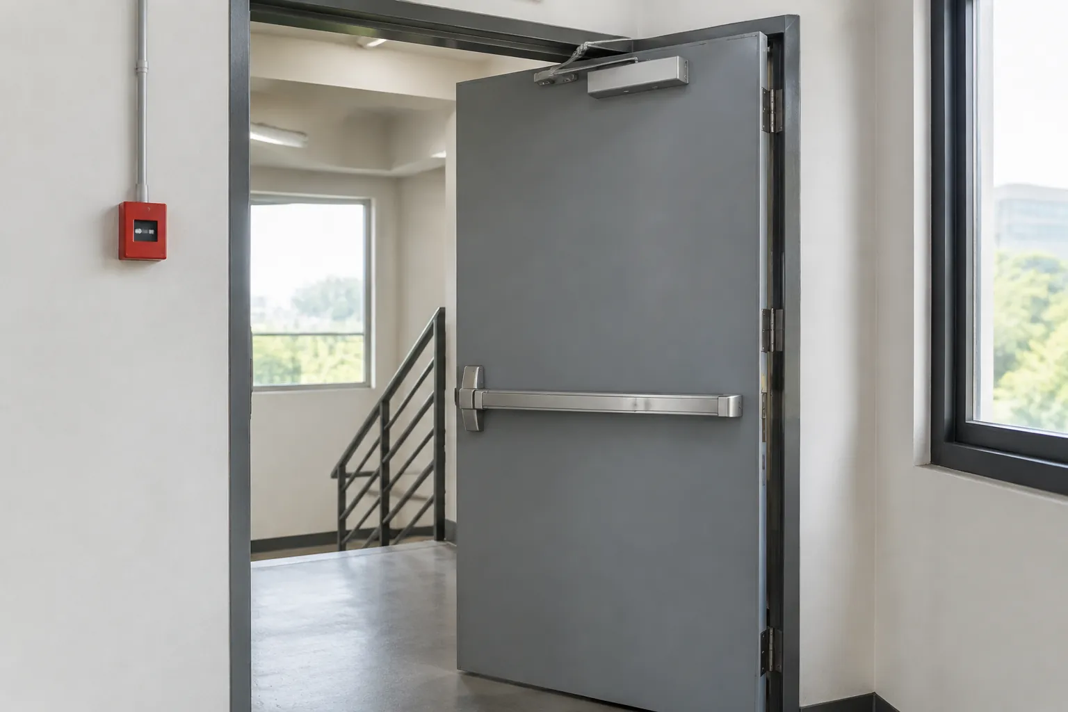 Pintu logam dengan batang pembuka di dekat tangga