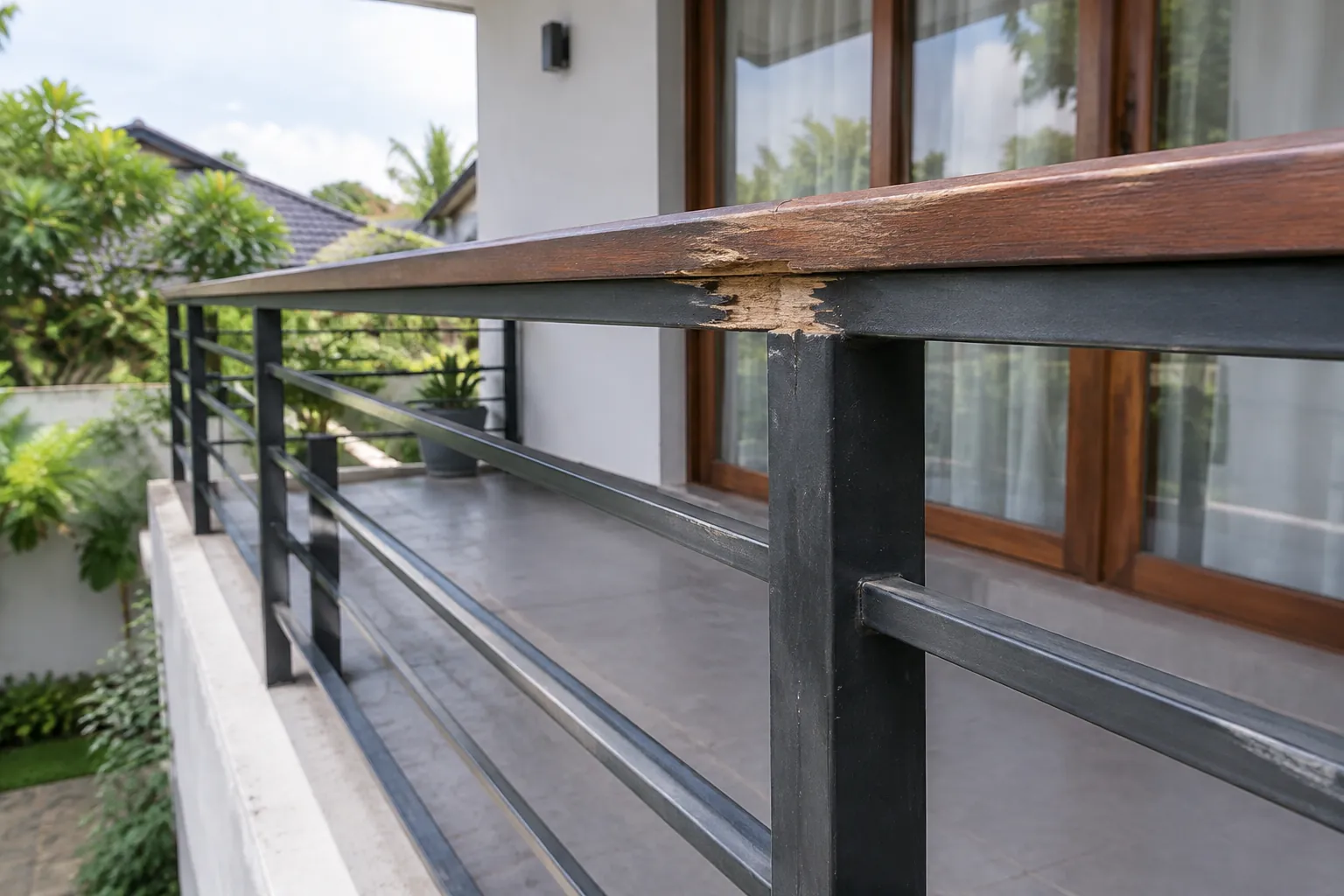 Kerusakan finishing terlihat pada pegangan dan tiang railing luar ruang