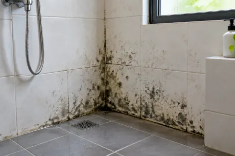 Bercak gelap pada pertemuan dinding dan lantai kamar mandi