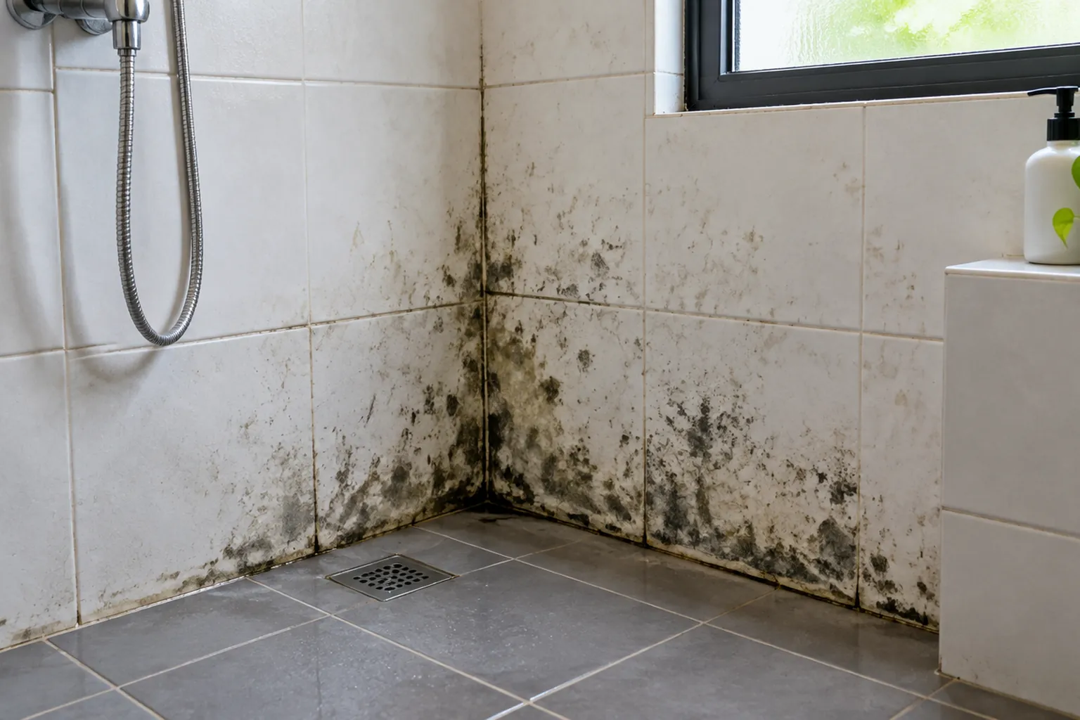 Bercak gelap pada pertemuan dinding dan lantai kamar mandi