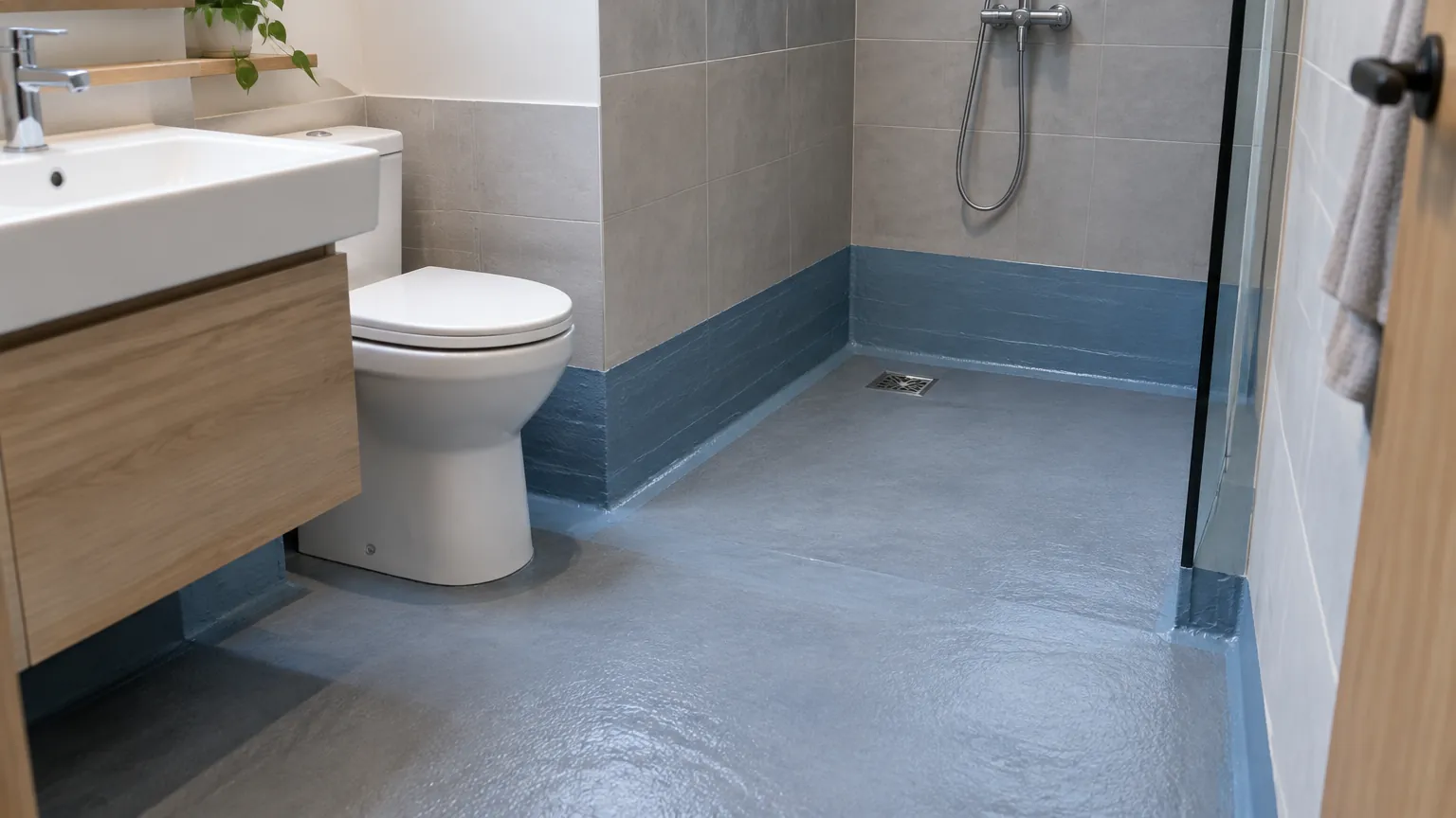 Kamar mandi kecil dengan lantai dan dinding berlapis