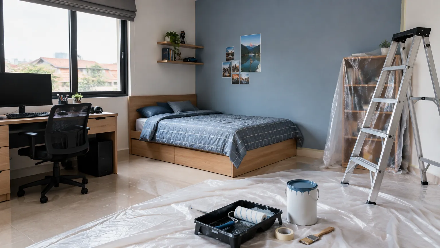 Kamar remaja dengan alat cat dan pelindung lantai sebelum pekerjaan dinding