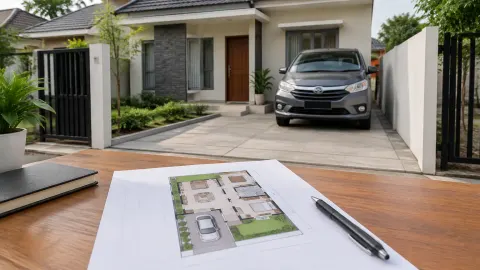 Gambar rencana di meja dengan tampilan rumah dan mobil di belakang