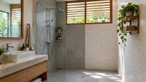Kamar mandi terang dengan dinding batu, area pancuran, dan jendela berjalusi