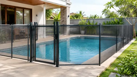 Pagar pembatas mengelilingi kolam renang rumah