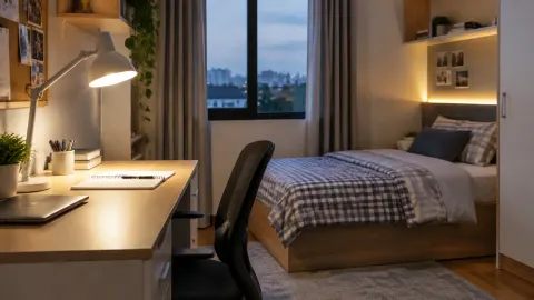 Kamar remaja dengan lampu meja dan pencahayaan dinding pada malam hari