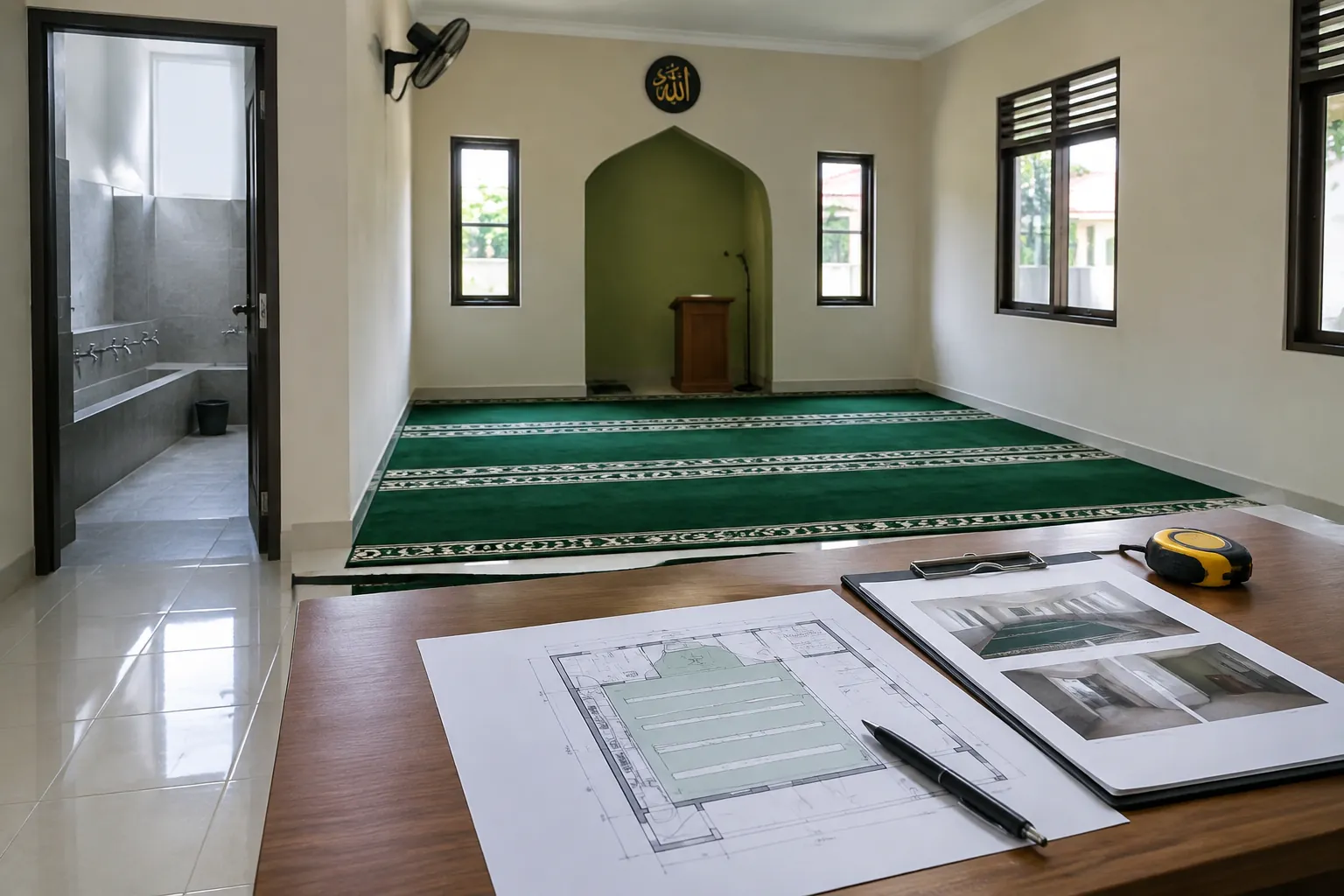 Gambar rencana di depan musala dengan karpet salat